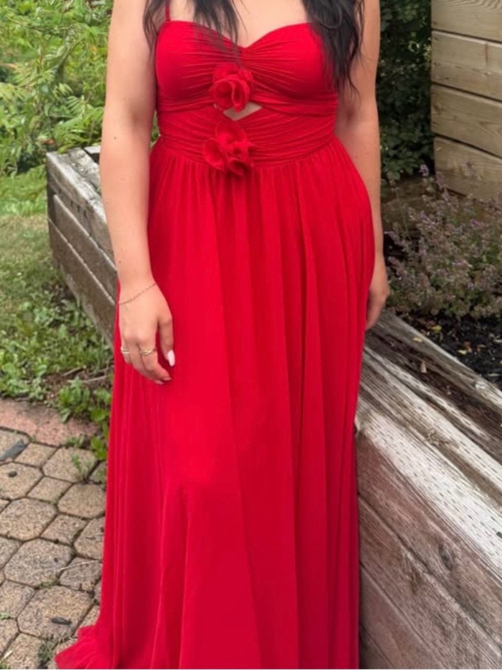 le chateau Red Strapless Maxi Dress with Floral Front Details